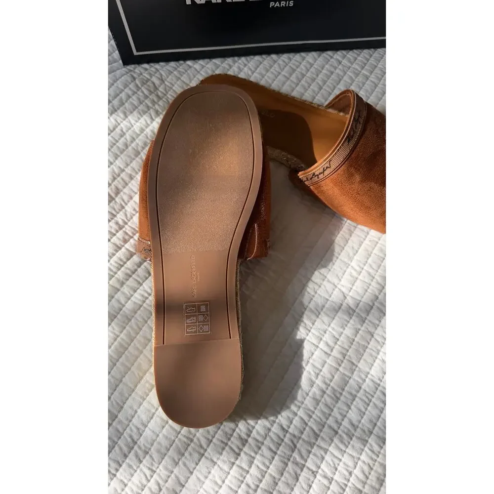 Karl Lagerfeld Paris Espadrille Slide Sandals Brown Logo NEW $119